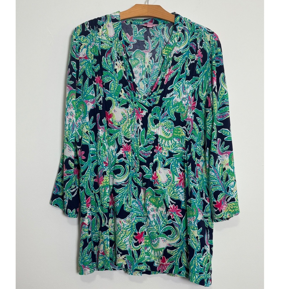 Lilly Pulitzer Sarasota Tunic Top L Tropical Elephant Print Coastal Resortwear